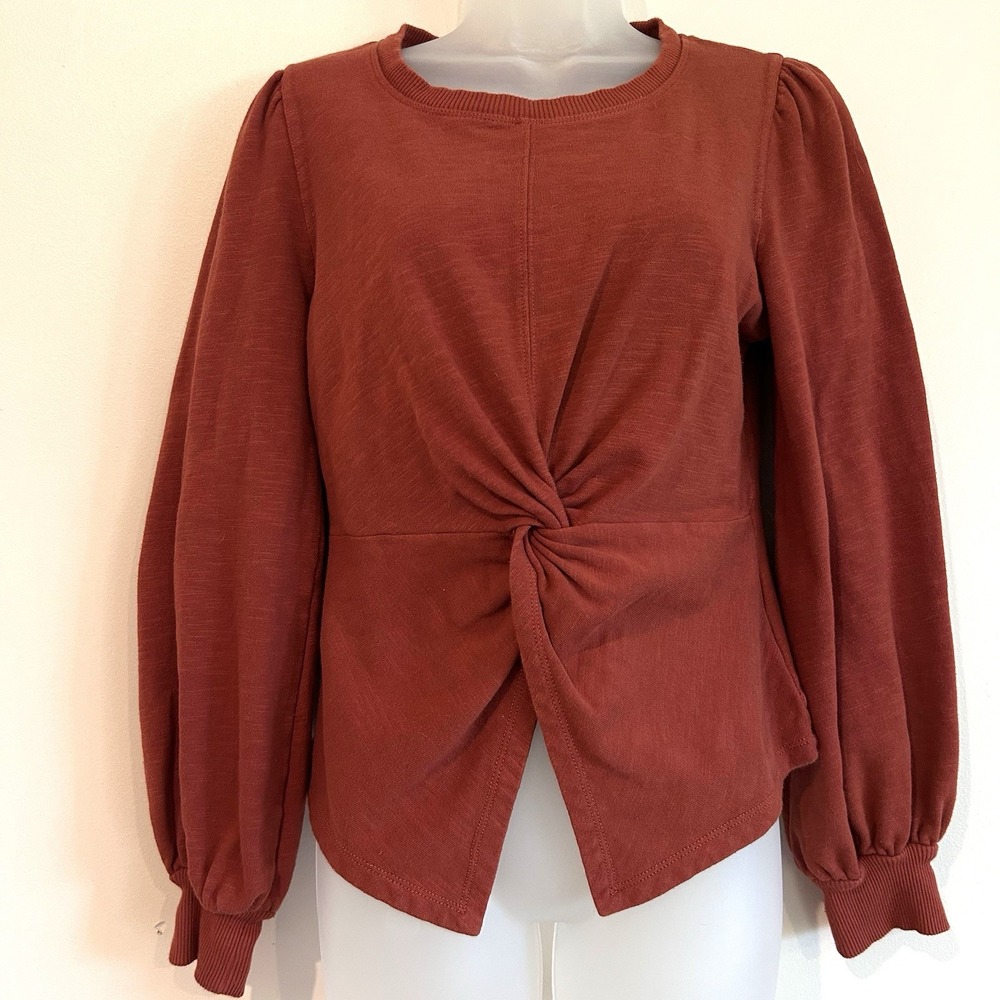 Anthropologie Pilcro Twist Front Shirt Sz XS Balloon Puff Sleeve Orange Rust